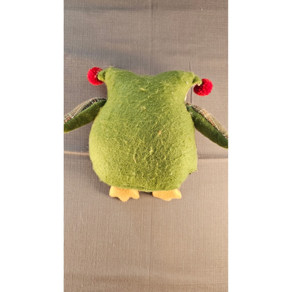 Plush Plaid Owl weighted Green Brown Floral Embroidery Pom Poms 6 inch Decor - Picture 3 of 6